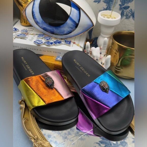 🆕 KURT GEIGER LONDON 🧿 NWOT Meena Eagle Metallic Pool Slide - Size 36 US 6 - Picture 4 of 15